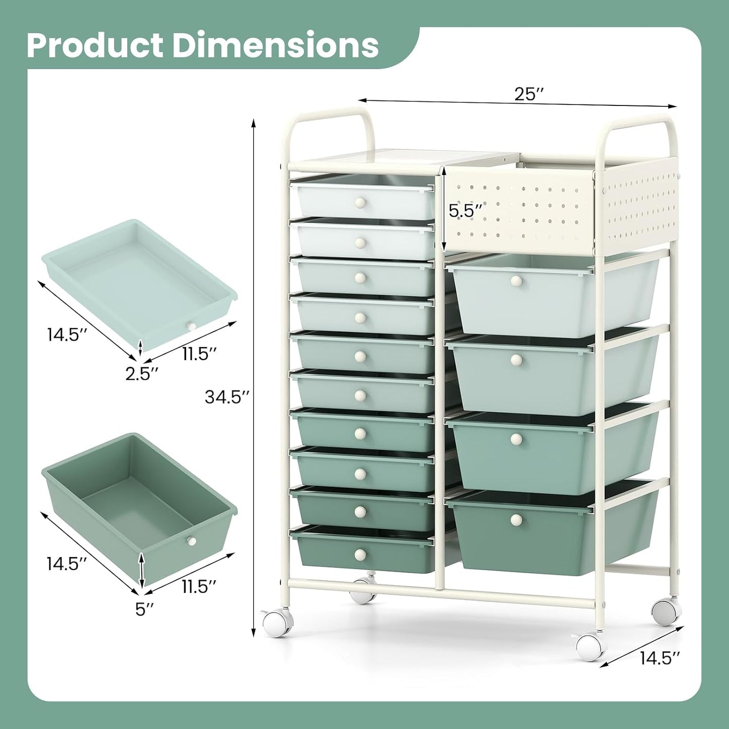 15-Drawer Rolling Storage Cart, Craft Storage Cart with Removable Drawers & Lockable Wheels, Art Cart Supply Storage Organizer for Home Office Classroom, Yellow