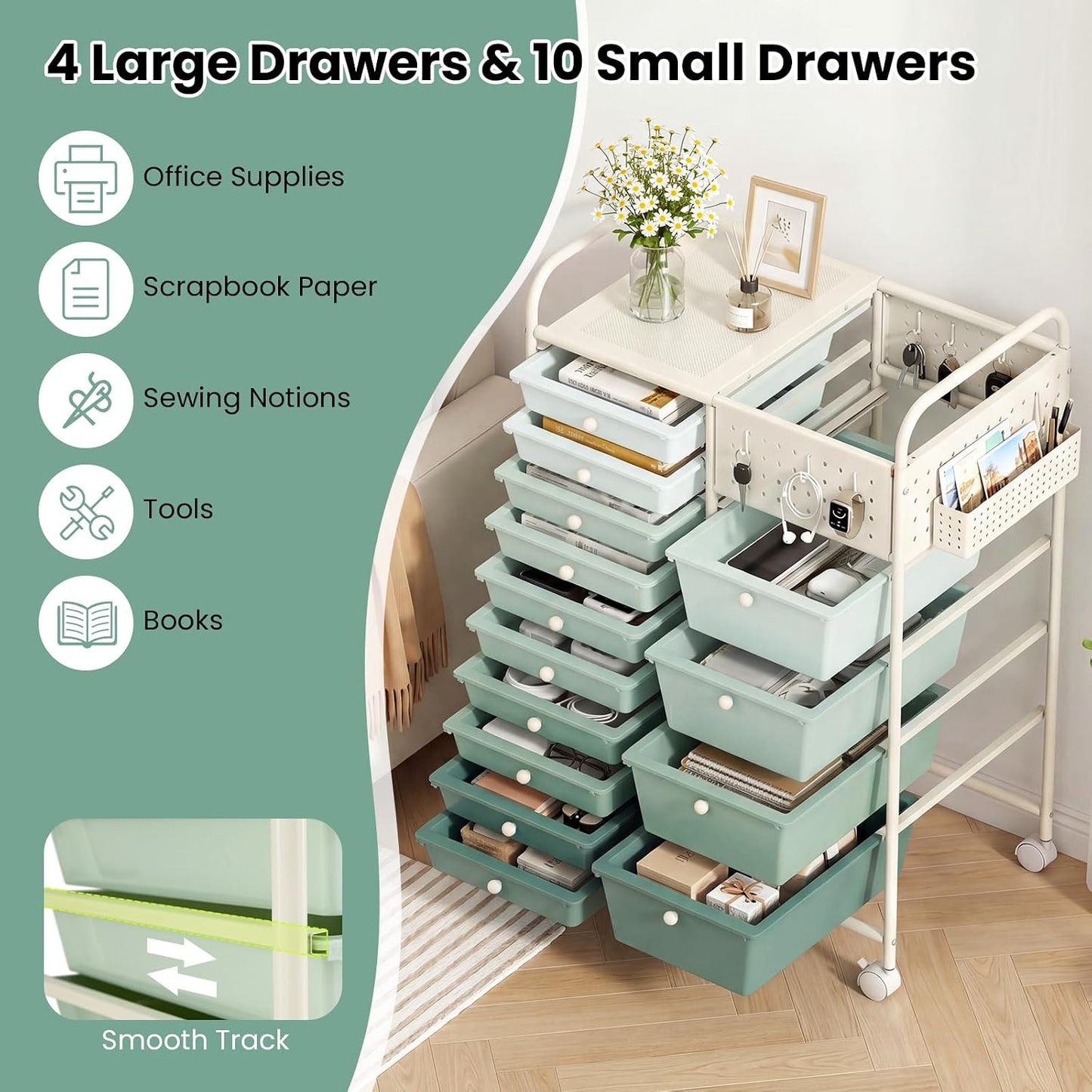 15-Drawer Rolling Storage Cart, Craft Storage Cart with Removable Drawers & Lockable Wheels, Art Cart Supply Storage Organizer for Home Office Classroom, Yellow