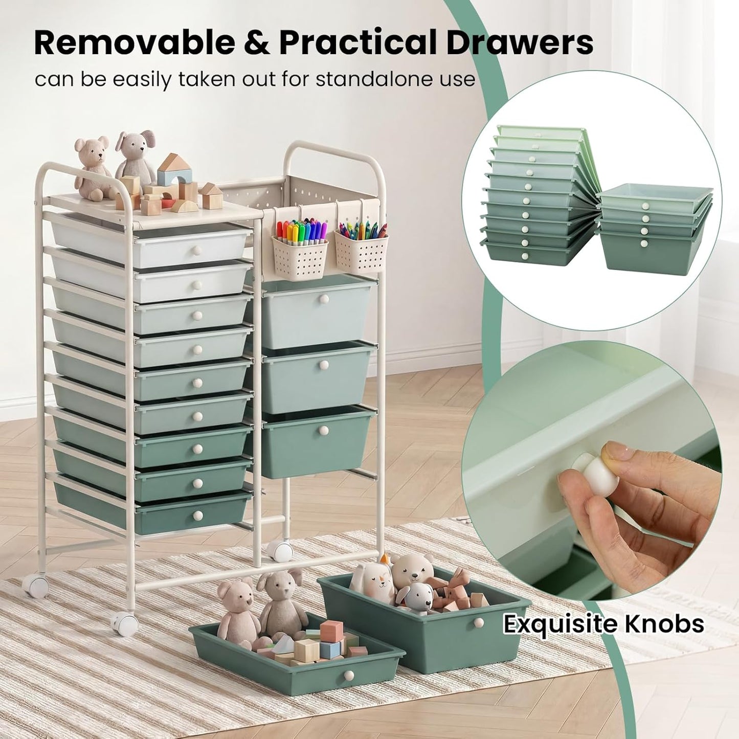 15-Drawer Rolling Storage Cart, Craft Storage Cart with Removable Drawers & Lockable Wheels, Art Cart Supply Storage Organizer for Home Office Classroom, Yellow