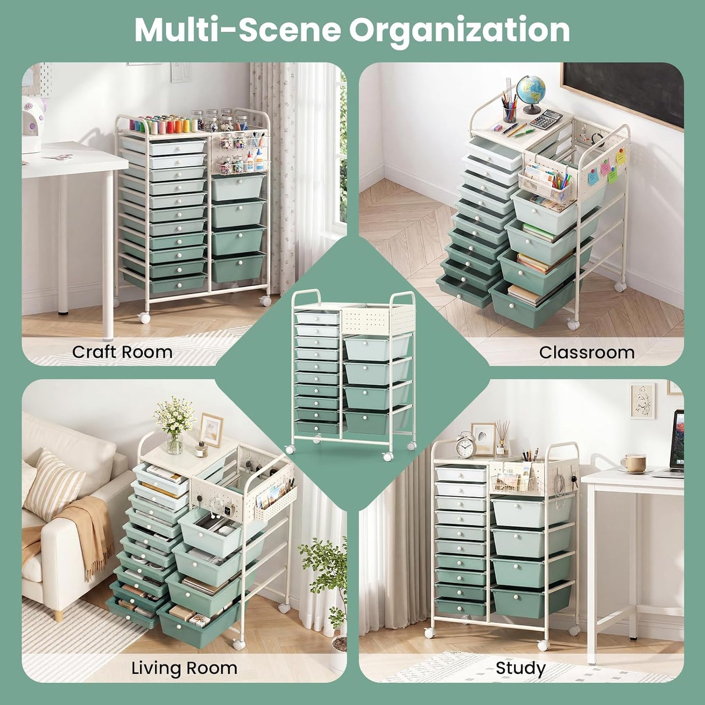 15-Drawer Rolling Storage Cart, Craft Storage Cart with Removable Drawers & Lockable Wheels, Art Cart Supply Storage Organizer for Home Office Classroom, Yellow