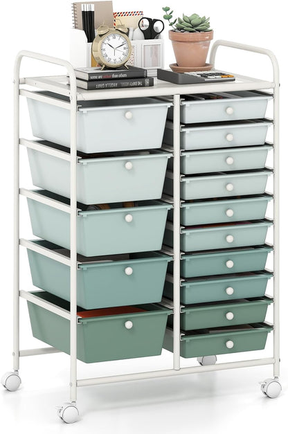 15-Drawer Rolling Storage Cart, Craft Storage Cart with Removable Drawers & Lockable Wheels, Art Cart Supply Storage Organizer for Home Office Classroom, Yellow