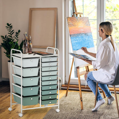 15-Drawer Rolling Storage Cart, Craft Storage Cart with Removable Drawers & Lockable Wheels, Art Cart Supply Storage Organizer for Home Office Classroom, Yellow