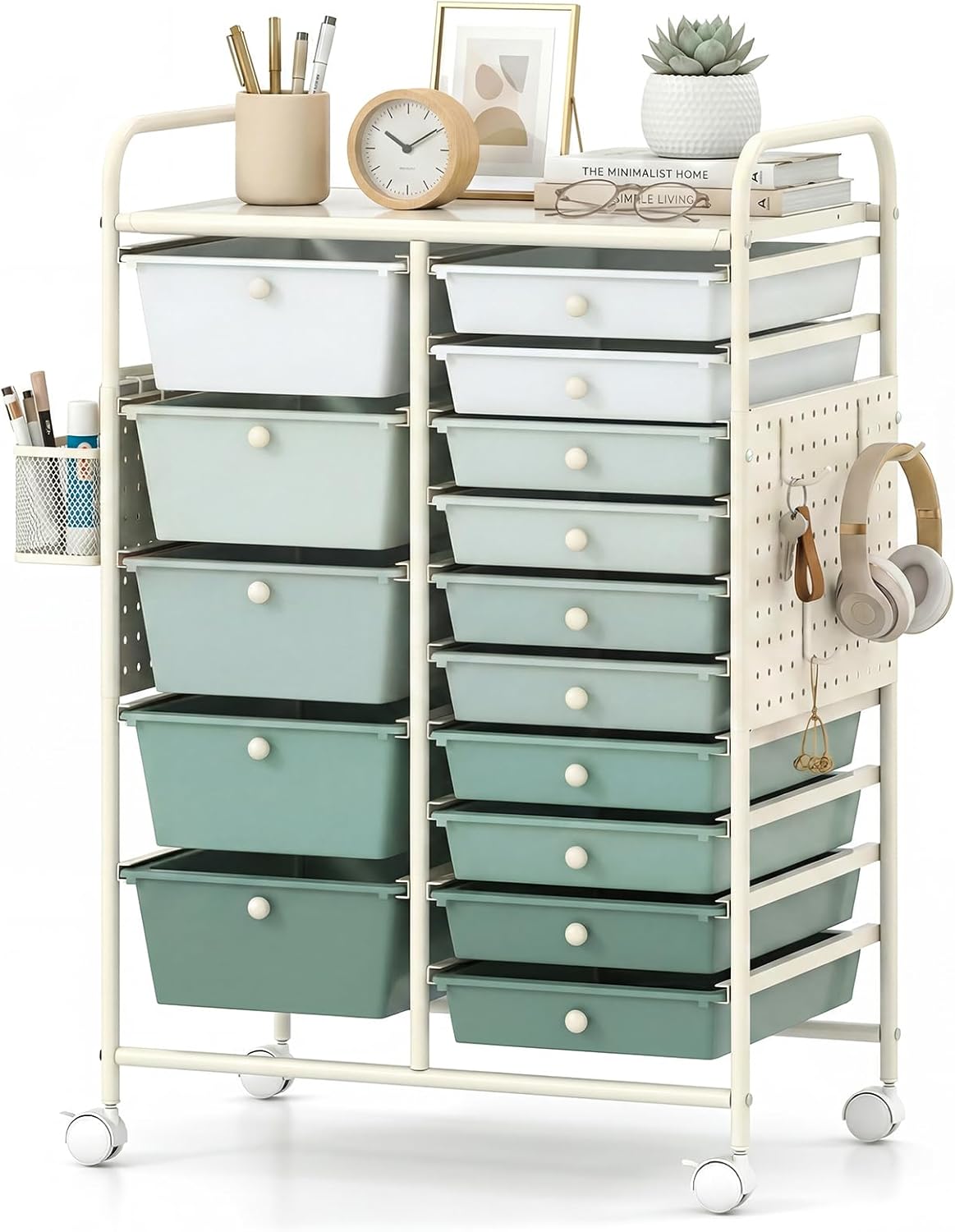 15-Drawer Rolling Storage Cart, Craft Storage Cart with Removable Drawers & Lockable Wheels, Art Cart Supply Storage Organizer for Home Office Classroom, Yellow