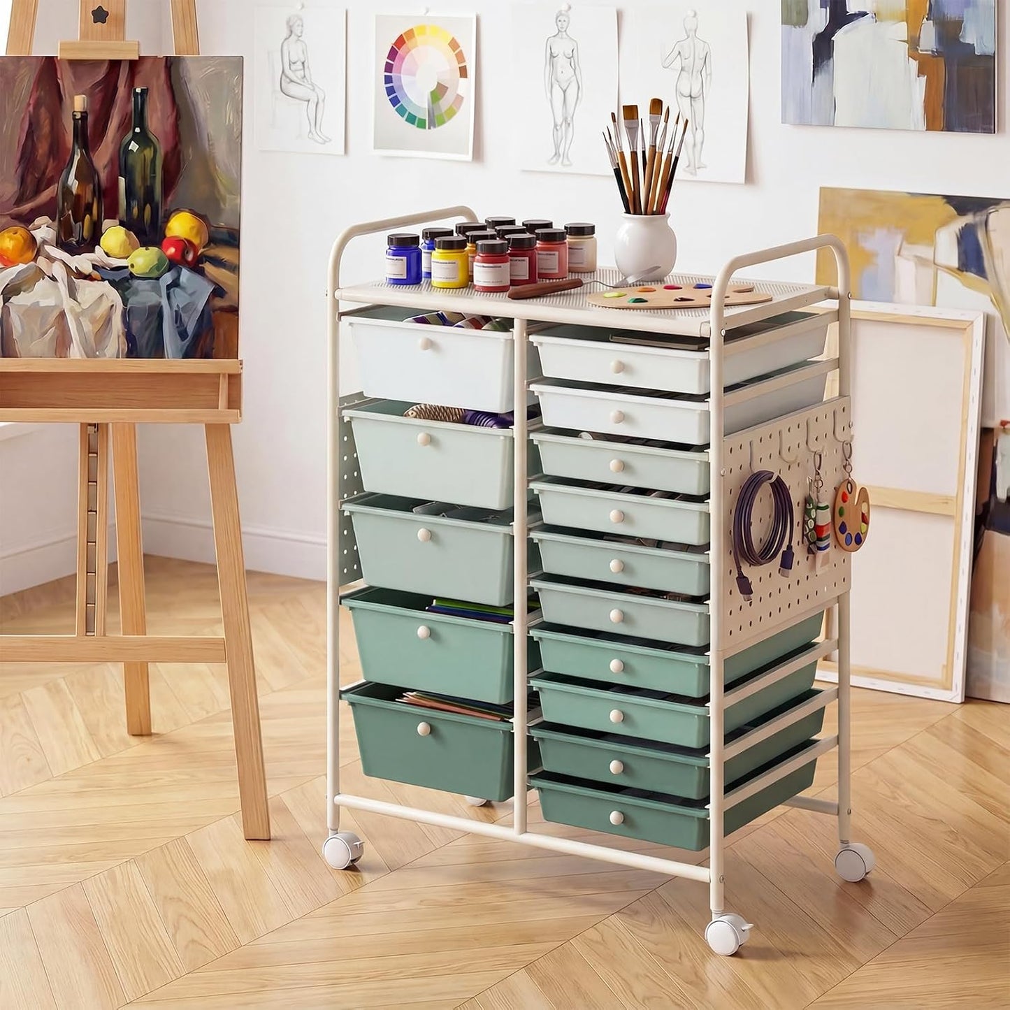 15-Drawer Rolling Storage Cart, Craft Storage Cart with Removable Drawers & Lockable Wheels, Art Cart Supply Storage Organizer for Home Office Classroom, Yellow