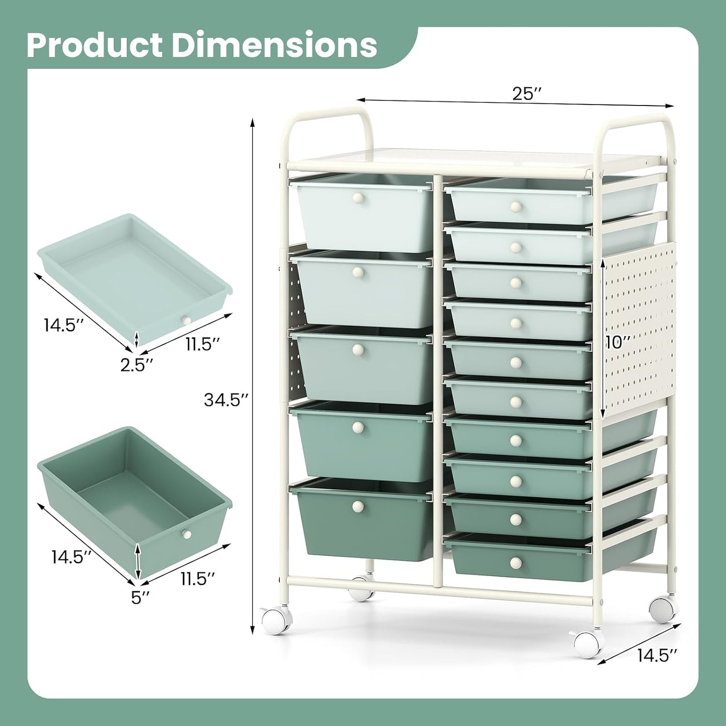 15-Drawer Rolling Storage Cart, Craft Storage Cart with Removable Drawers & Lockable Wheels, Art Cart Supply Storage Organizer for Home Office Classroom, Yellow