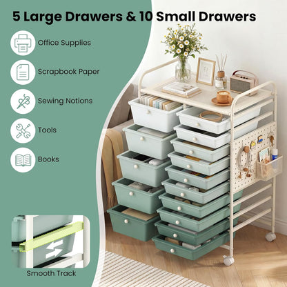 15-Drawer Rolling Storage Cart, Craft Storage Cart with Removable Drawers & Lockable Wheels, Art Cart Supply Storage Organizer for Home Office Classroom, Yellow