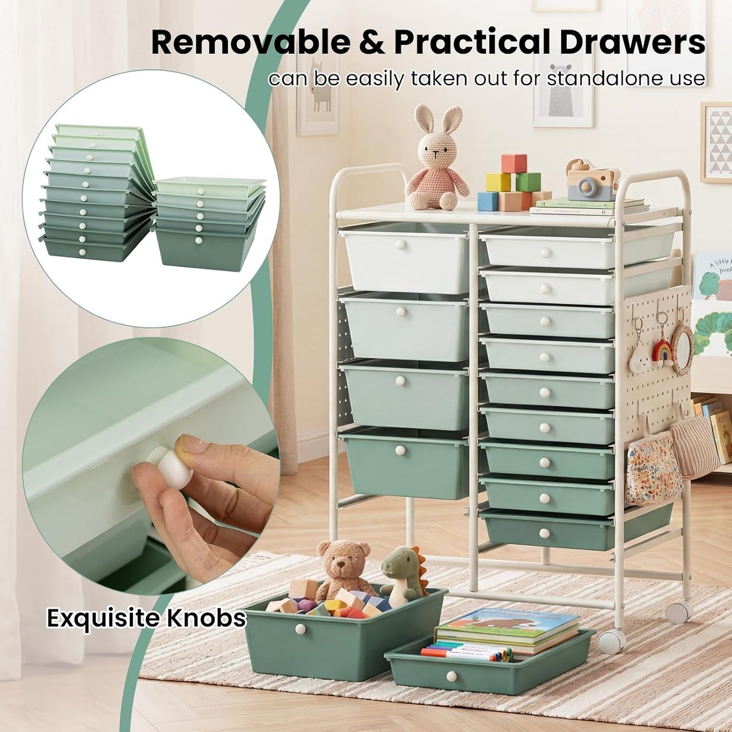 15-Drawer Rolling Storage Cart, Craft Storage Cart with Removable Drawers & Lockable Wheels, Art Cart Supply Storage Organizer for Home Office Classroom, Yellow