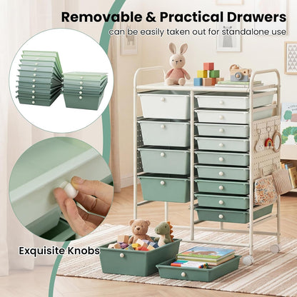 15-Drawer Rolling Storage Cart, Craft Storage Cart with Removable Drawers & Lockable Wheels, Art Cart Supply Storage Organizer for Home Office Classroom, Yellow