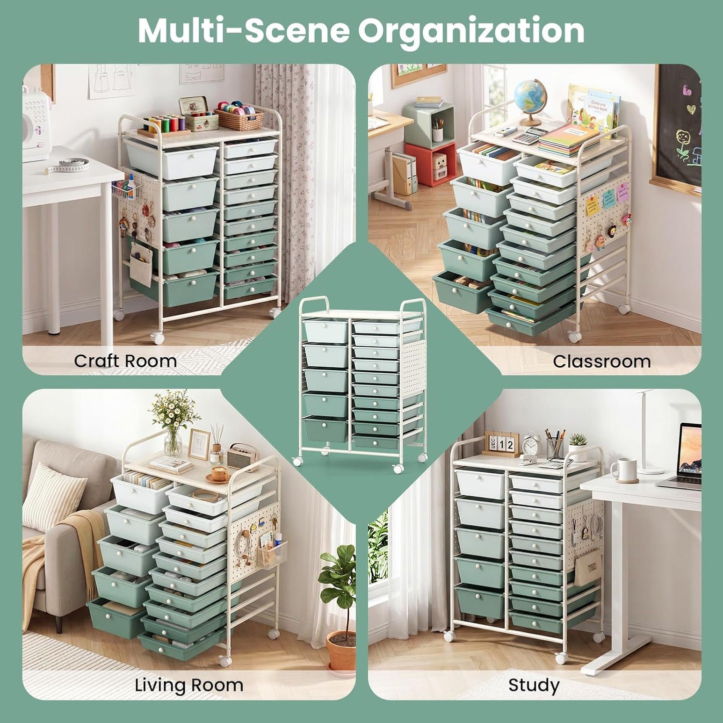 15-Drawer Rolling Storage Cart, Craft Storage Cart with Removable Drawers & Lockable Wheels, Art Cart Supply Storage Organizer for Home Office Classroom, Yellow