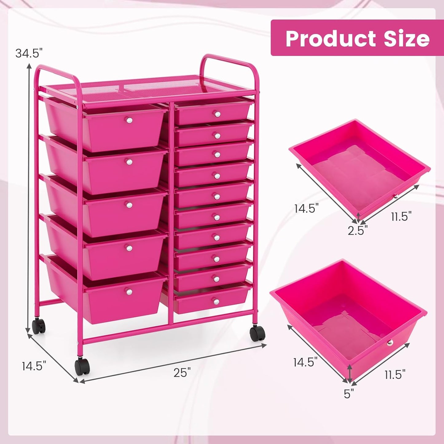 15-Drawer Rolling Storage Cart, Craft Storage Cart with Removable Drawers & Lockable Wheels, Art Cart Supply Storage Organizer for Home Office Classroom, Yellow