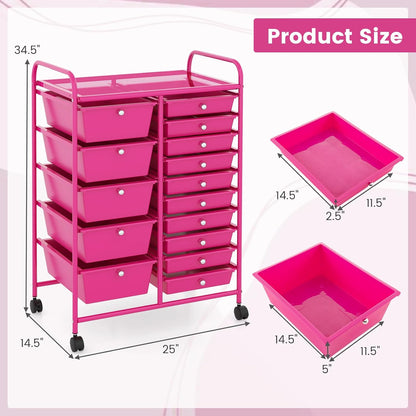 15-Drawer Rolling Storage Cart, Craft Storage Cart with Removable Drawers & Lockable Wheels, Art Cart Supply Storage Organizer for Home Office Classroom, Yellow