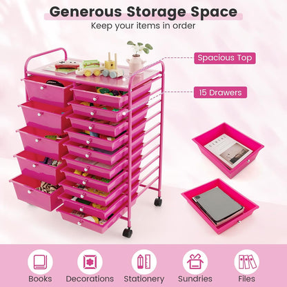 15-Drawer Rolling Storage Cart, Craft Storage Cart with Removable Drawers & Lockable Wheels, Art Cart Supply Storage Organizer for Home Office Classroom, Yellow