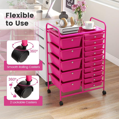 15-Drawer Rolling Storage Cart, Craft Storage Cart with Removable Drawers & Lockable Wheels, Art Cart Supply Storage Organizer for Home Office Classroom, Yellow