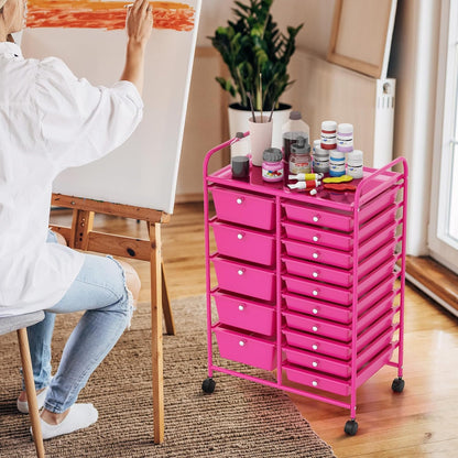 15-Drawer Rolling Storage Cart, Craft Storage Cart with Removable Drawers & Lockable Wheels, Art Cart Supply Storage Organizer for Home Office Classroom, Yellow