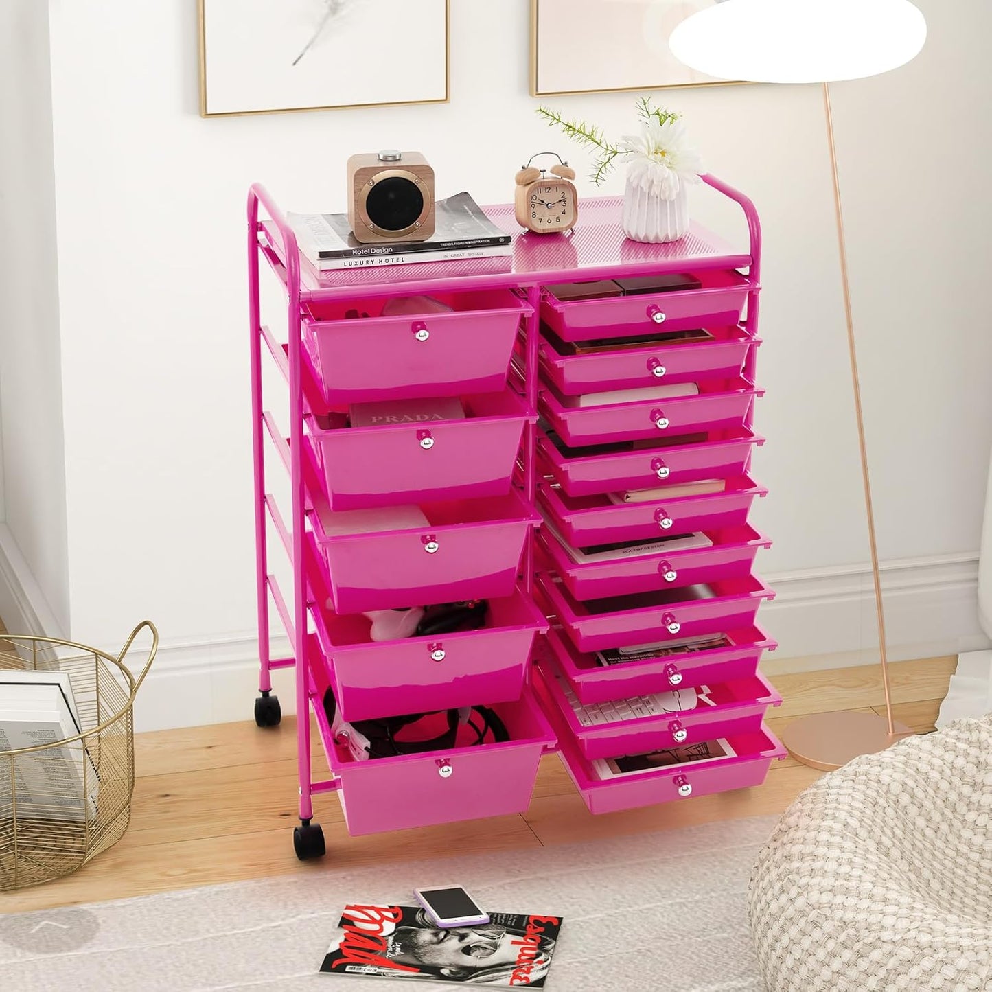 15-Drawer Rolling Storage Cart, Craft Storage Cart with Removable Drawers & Lockable Wheels, Art Cart Supply Storage Organizer for Home Office Classroom, Yellow