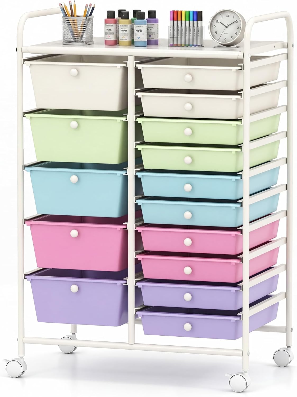 15-Drawer Rolling Storage Cart, Craft Storage Cart with Removable Drawers & Lockable Wheels, Art Cart Supply Storage Organizer for Home Office Classroom, Yellow