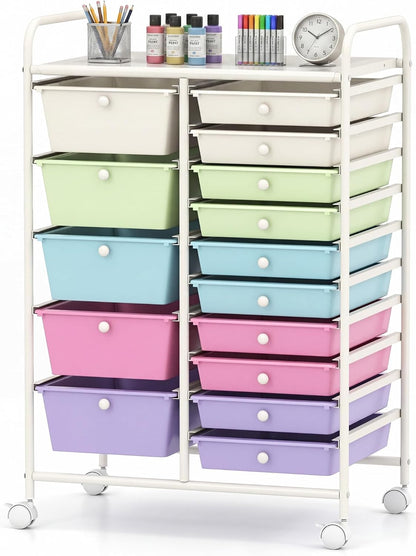 15-Drawer Rolling Storage Cart, Craft Storage Cart with Removable Drawers & Lockable Wheels, Art Cart Supply Storage Organizer for Home Office Classroom, Yellow