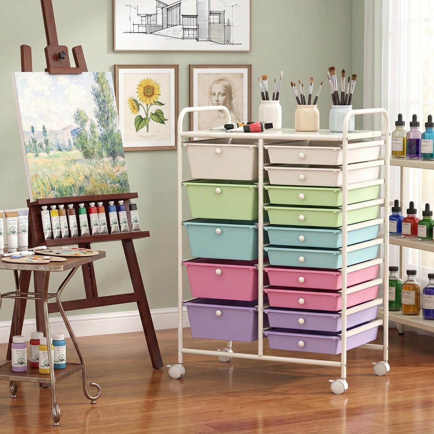 15-Drawer Rolling Storage Cart, Craft Storage Cart with Removable Drawers & Lockable Wheels, Art Cart Supply Storage Organizer for Home Office Classroom, Yellow