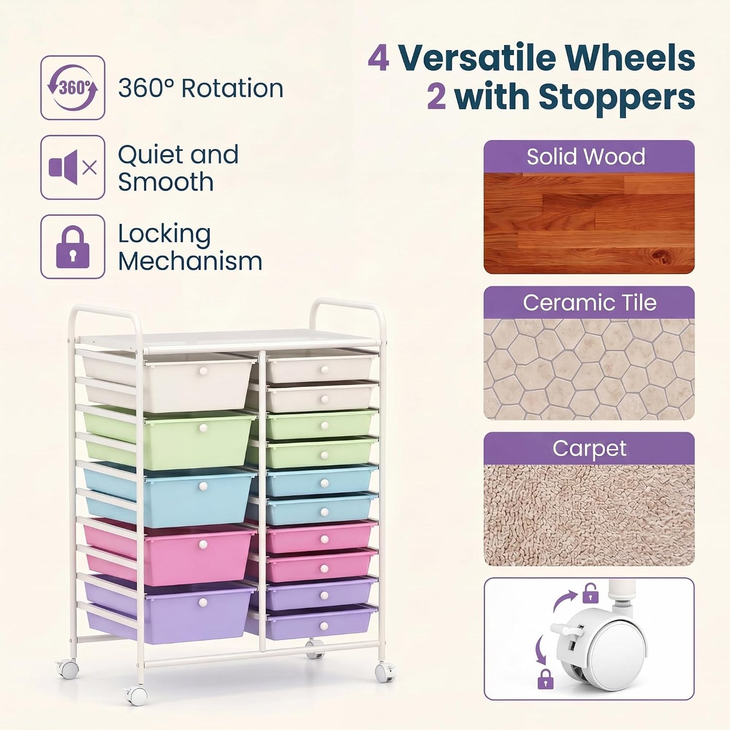 15-Drawer Rolling Storage Cart, Craft Storage Cart with Removable Drawers & Lockable Wheels, Art Cart Supply Storage Organizer for Home Office Classroom, Yellow