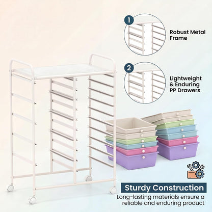 15-Drawer Rolling Storage Cart, Craft Storage Cart with Removable Drawers & Lockable Wheels, Art Cart Supply Storage Organizer for Home Office Classroom, Yellow