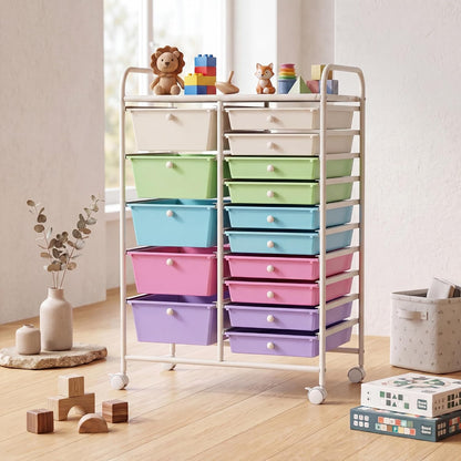 15-Drawer Rolling Storage Cart, Craft Storage Cart with Removable Drawers & Lockable Wheels, Art Cart Supply Storage Organizer for Home Office Classroom, Yellow