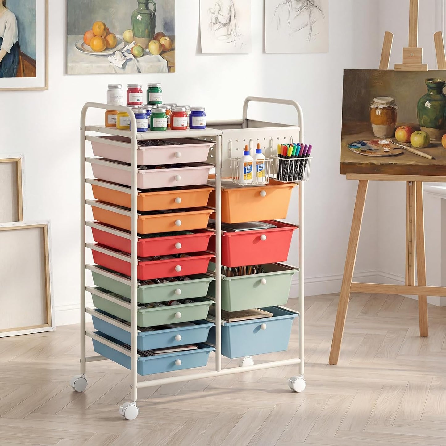 15-Drawer Rolling Storage Cart, Craft Storage Cart with Removable Drawers & Lockable Wheels, Art Cart Supply Storage Organizer for Home Office Classroom, Yellow