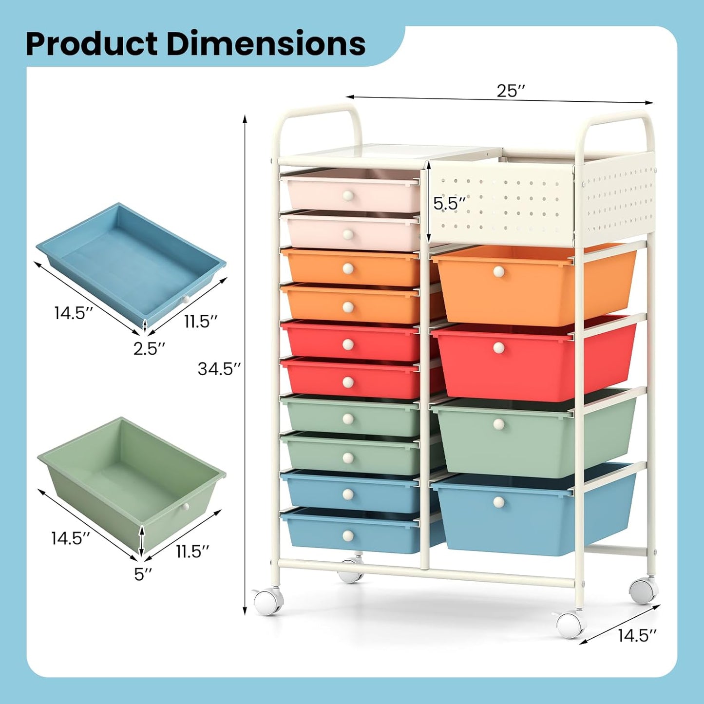15-Drawer Rolling Storage Cart, Craft Storage Cart with Removable Drawers & Lockable Wheels, Art Cart Supply Storage Organizer for Home Office Classroom, Yellow