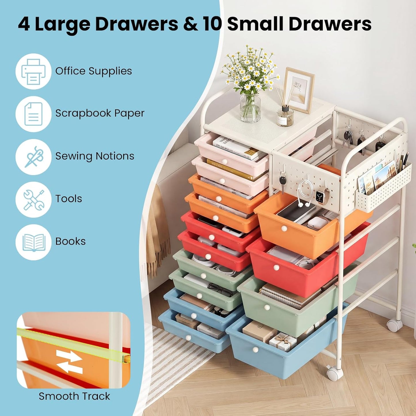 15-Drawer Rolling Storage Cart, Craft Storage Cart with Removable Drawers & Lockable Wheels, Art Cart Supply Storage Organizer for Home Office Classroom, Yellow