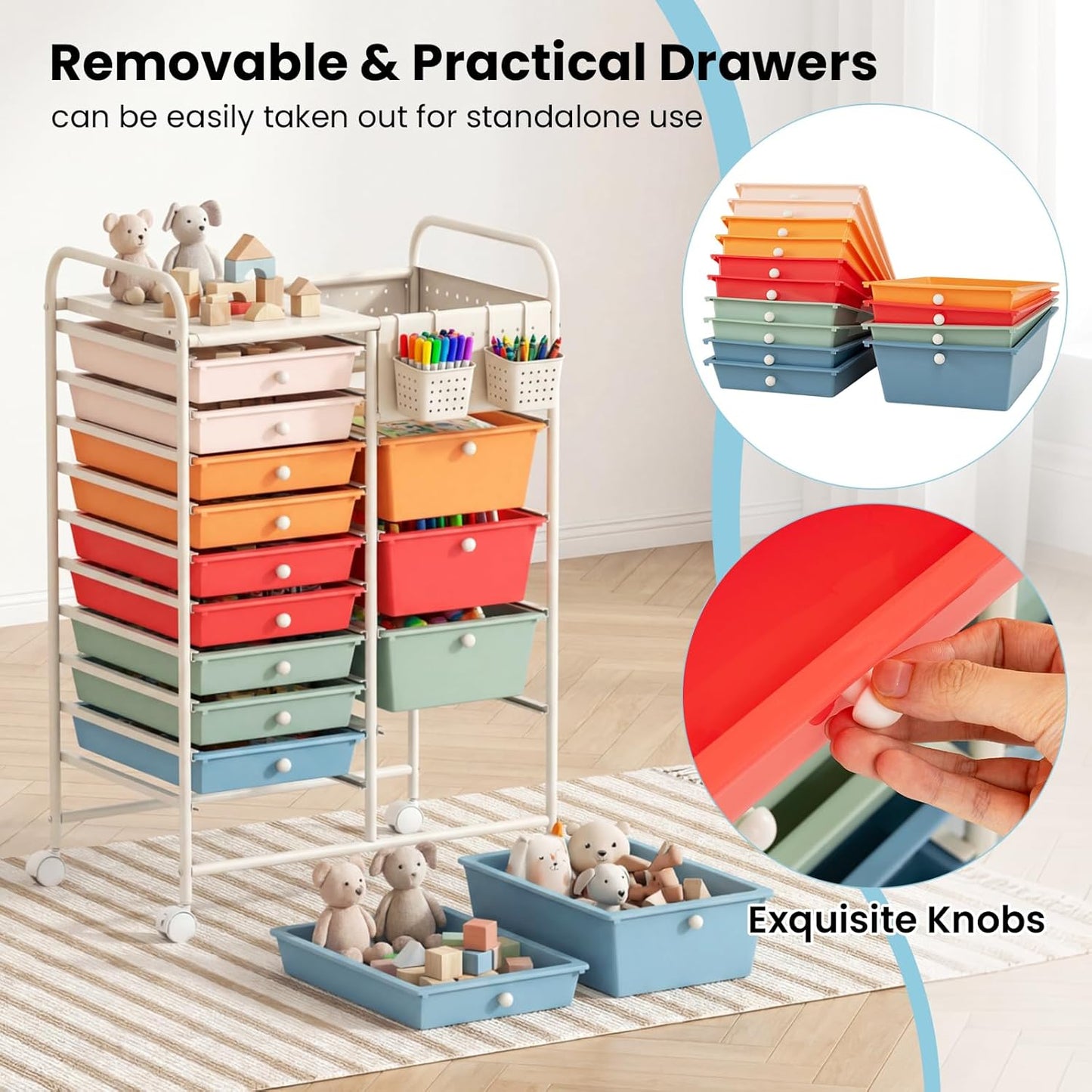 15-Drawer Rolling Storage Cart, Craft Storage Cart with Removable Drawers & Lockable Wheels, Art Cart Supply Storage Organizer for Home Office Classroom, Yellow