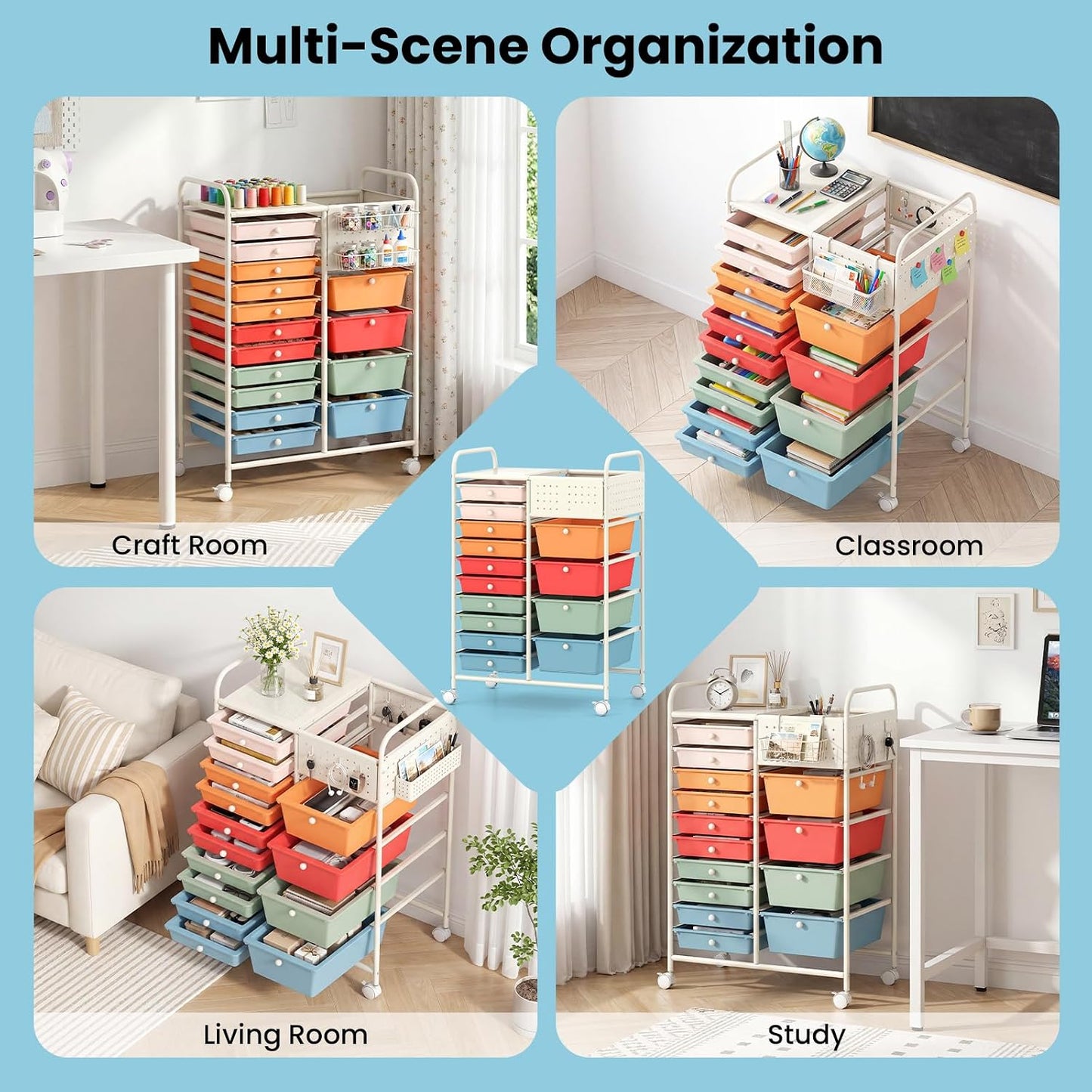 15-Drawer Rolling Storage Cart, Craft Storage Cart with Removable Drawers & Lockable Wheels, Art Cart Supply Storage Organizer for Home Office Classroom, Yellow