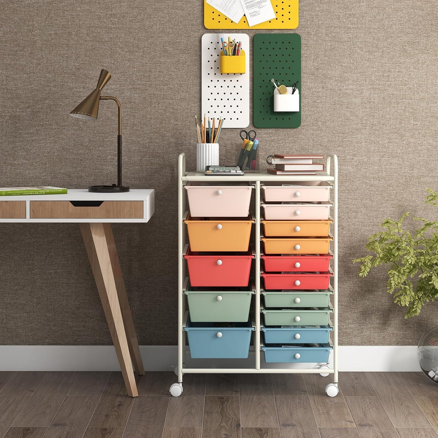 15-Drawer Rolling Storage Cart, Craft Storage Cart with Removable Drawers & Lockable Wheels, Art Cart Supply Storage Organizer for Home Office Classroom, Yellow