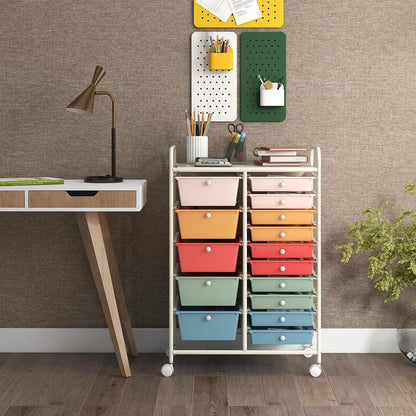 15-Drawer Rolling Storage Cart, Craft Storage Cart with Removable Drawers & Lockable Wheels, Art Cart Supply Storage Organizer for Home Office Classroom, Yellow