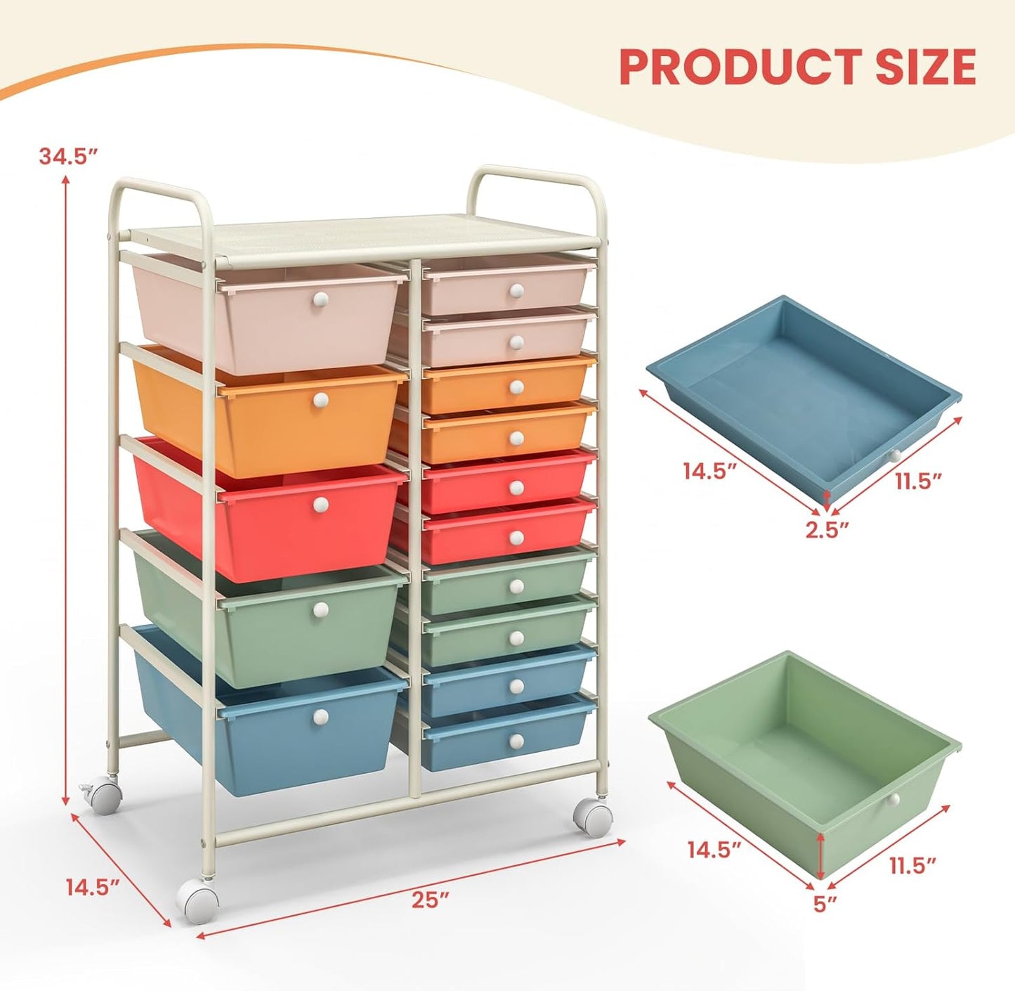 15-Drawer Rolling Storage Cart, Craft Storage Cart with Removable Drawers & Lockable Wheels, Art Cart Supply Storage Organizer for Home Office Classroom, Yellow