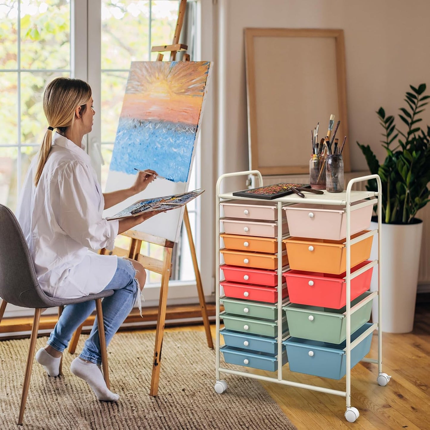 15-Drawer Rolling Storage Cart, Craft Storage Cart with Removable Drawers & Lockable Wheels, Art Cart Supply Storage Organizer for Home Office Classroom, Yellow