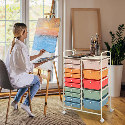 15-Drawer Rolling Storage Cart, Craft Storage Cart with Removable Drawers & Lockable Wheels, Art Cart Supply Storage Organizer for Home Office Classroom, Yellow