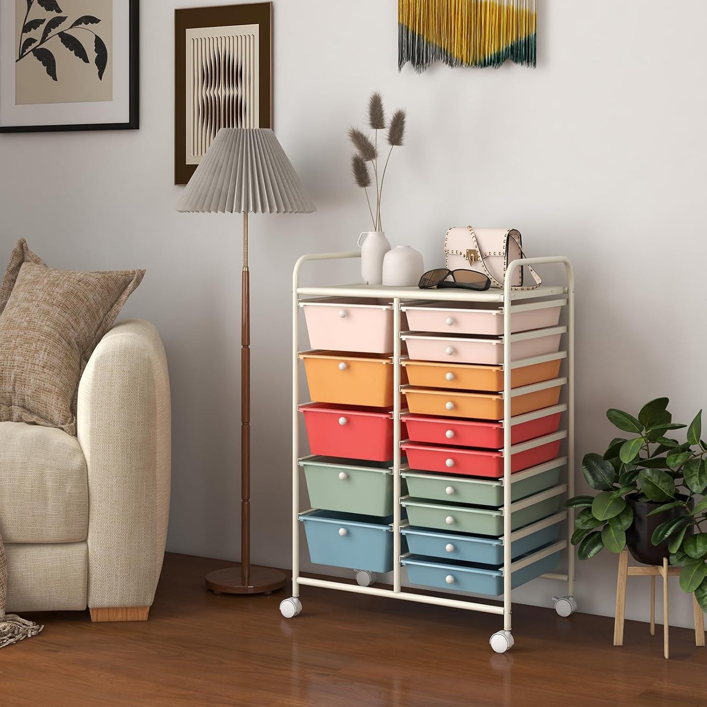 15-Drawer Rolling Storage Cart, Craft Storage Cart with Removable Drawers & Lockable Wheels, Art Cart Supply Storage Organizer for Home Office Classroom, Yellow