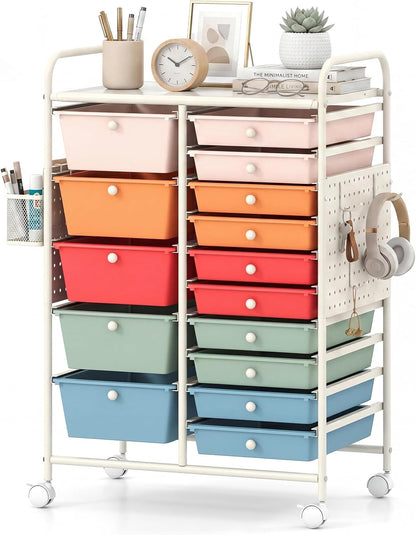 15-Drawer Rolling Storage Cart, Craft Storage Cart with Removable Drawers & Lockable Wheels, Art Cart Supply Storage Organizer for Home Office Classroom, Yellow