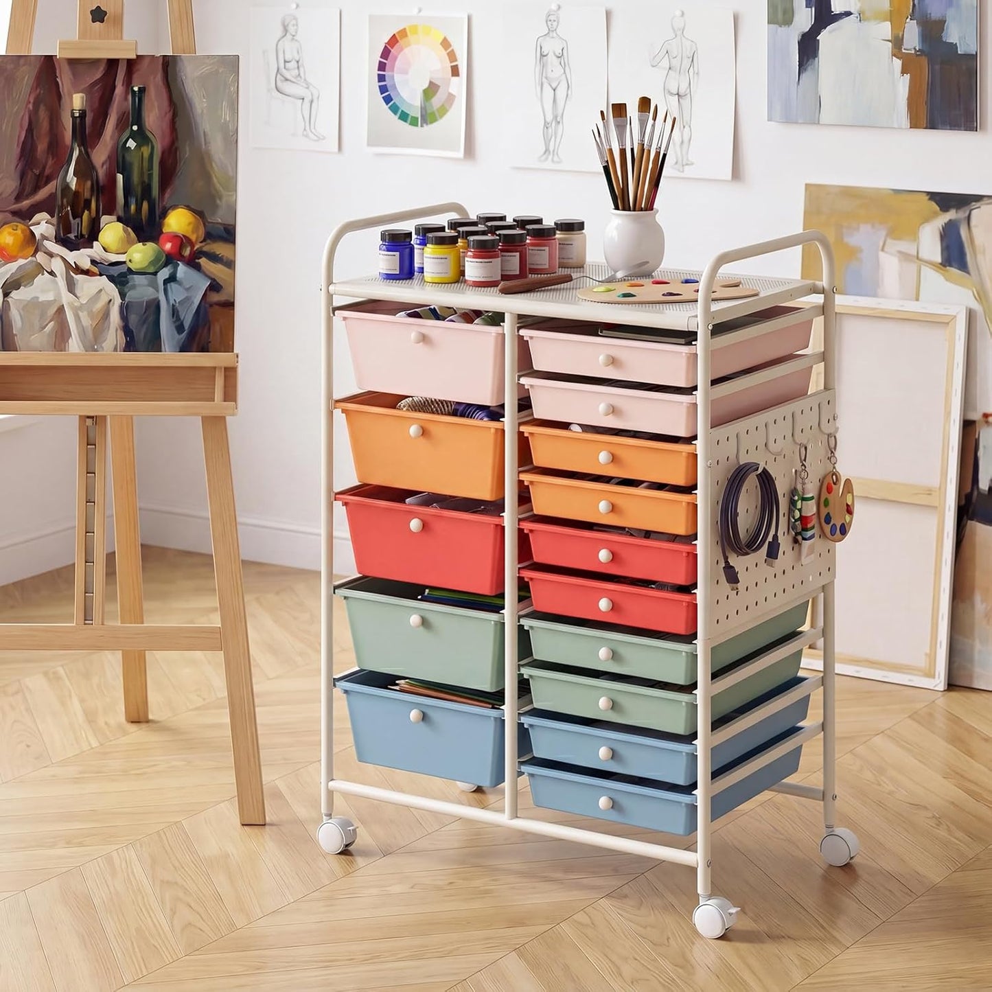15-Drawer Rolling Storage Cart, Craft Storage Cart with Removable Drawers & Lockable Wheels, Art Cart Supply Storage Organizer for Home Office Classroom, Yellow
