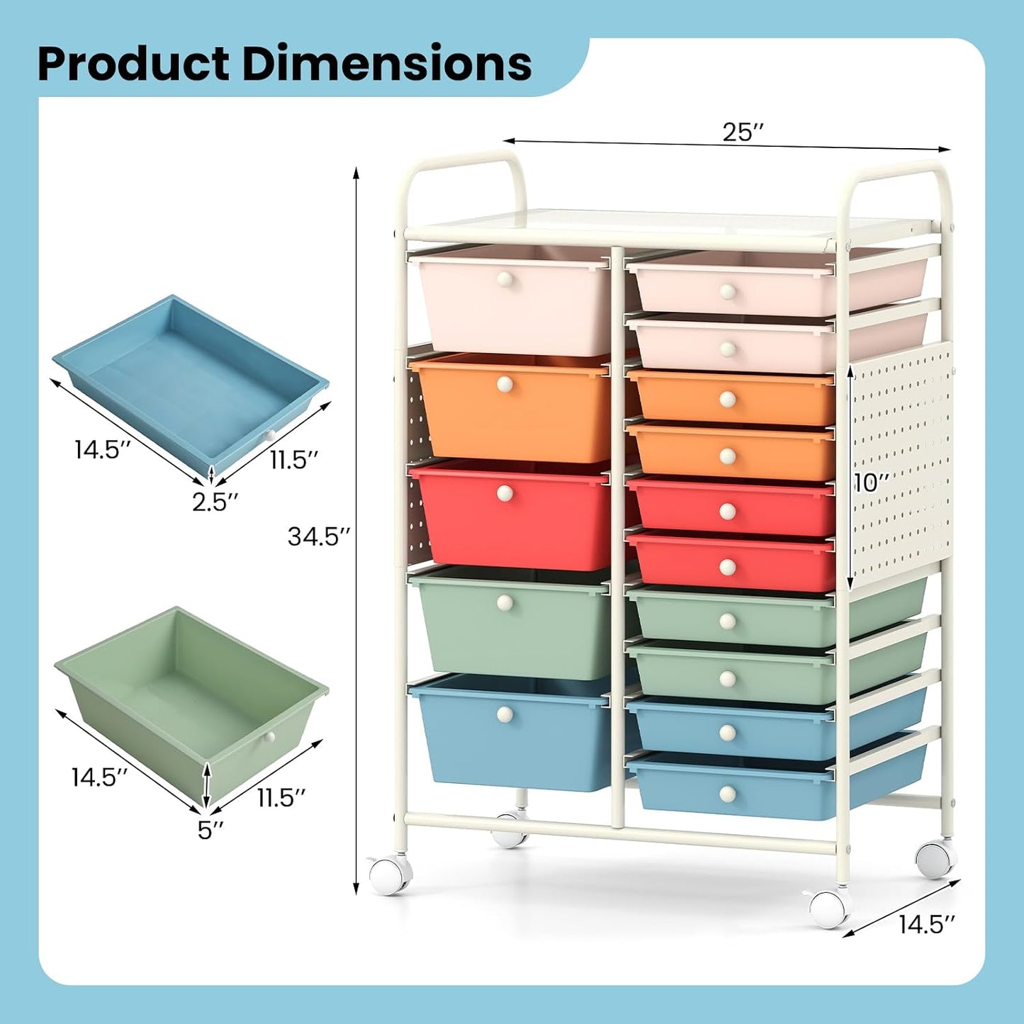 15-Drawer Rolling Storage Cart, Craft Storage Cart with Removable Drawers & Lockable Wheels, Art Cart Supply Storage Organizer for Home Office Classroom, Yellow