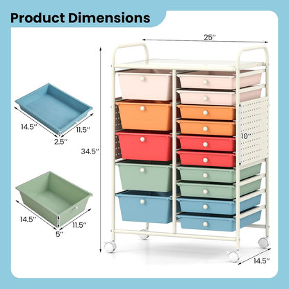 15-Drawer Rolling Storage Cart, Craft Storage Cart with Removable Drawers & Lockable Wheels, Art Cart Supply Storage Organizer for Home Office Classroom, Yellow