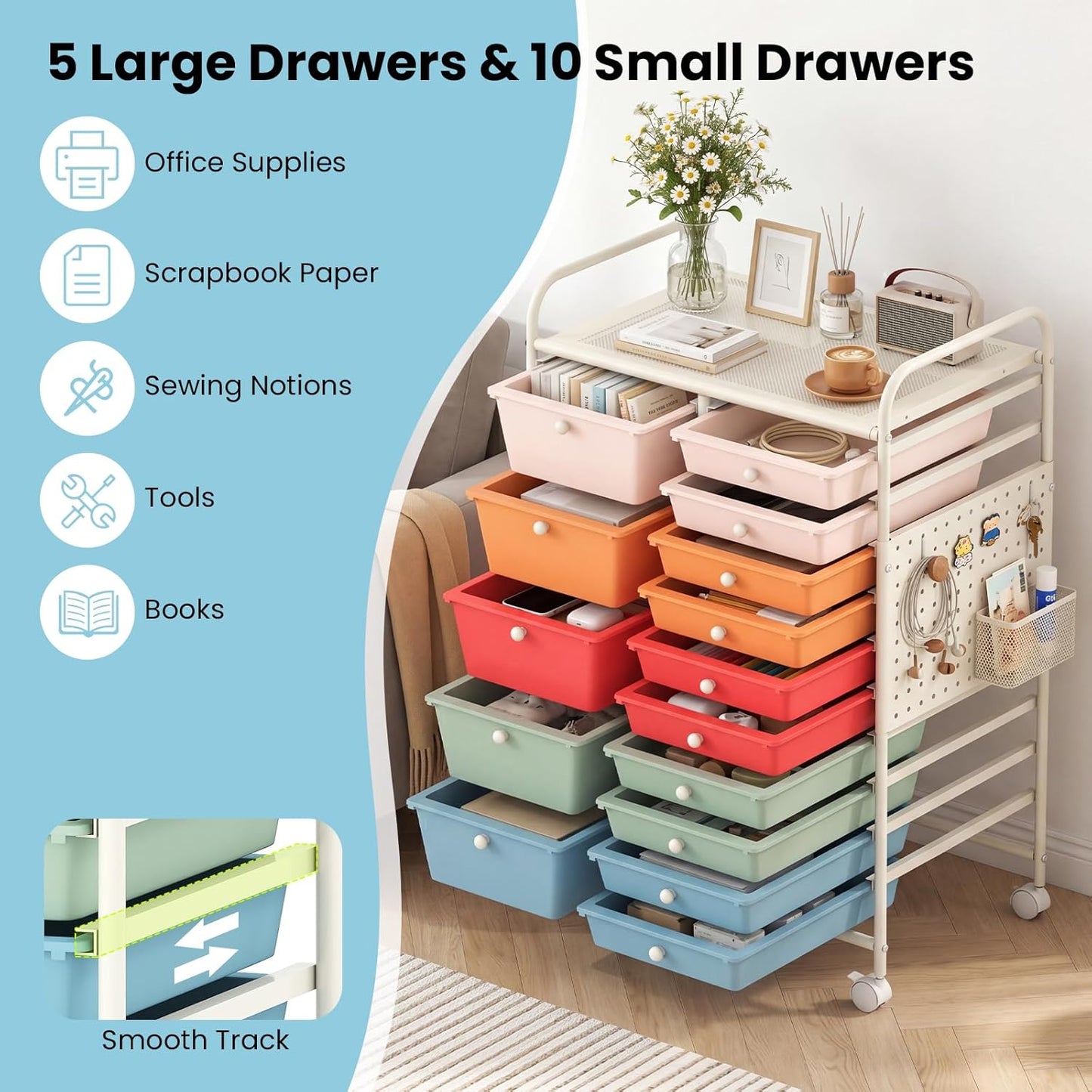 15-Drawer Rolling Storage Cart, Craft Storage Cart with Removable Drawers & Lockable Wheels, Art Cart Supply Storage Organizer for Home Office Classroom, Yellow