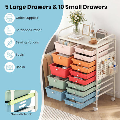 15-Drawer Rolling Storage Cart, Craft Storage Cart with Removable Drawers & Lockable Wheels, Art Cart Supply Storage Organizer for Home Office Classroom, Yellow