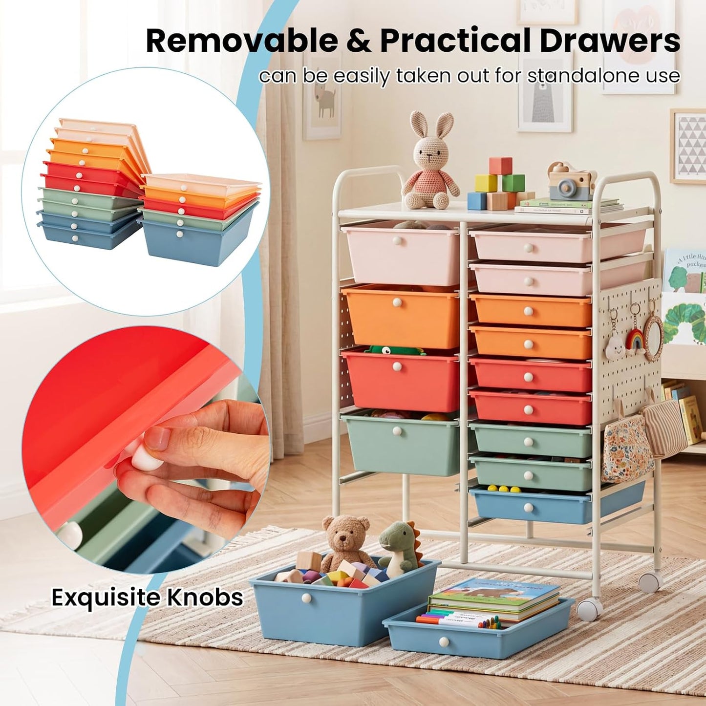 15-Drawer Rolling Storage Cart, Craft Storage Cart with Removable Drawers & Lockable Wheels, Art Cart Supply Storage Organizer for Home Office Classroom, Yellow