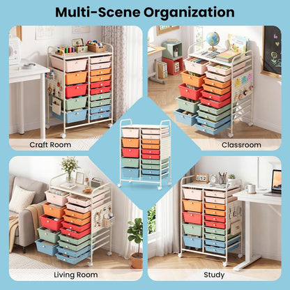 15-Drawer Rolling Storage Cart, Craft Storage Cart with Removable Drawers & Lockable Wheels, Art Cart Supply Storage Organizer for Home Office Classroom, Yellow