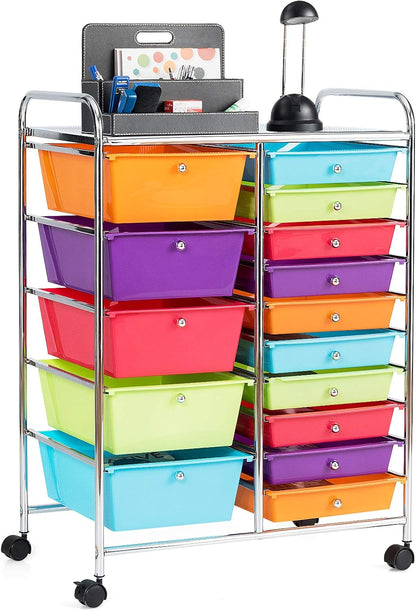 15-Drawer Rolling Storage Cart, Craft Storage Cart with Removable Drawers & Lockable Wheels, Art Cart Supply Storage Organizer for Home Office Classroom, Yellow