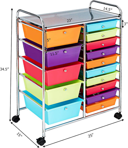 15-Drawer Rolling Storage Cart, Craft Storage Cart with Removable Drawers & Lockable Wheels, Art Cart Supply Storage Organizer for Home Office Classroom, Yellow