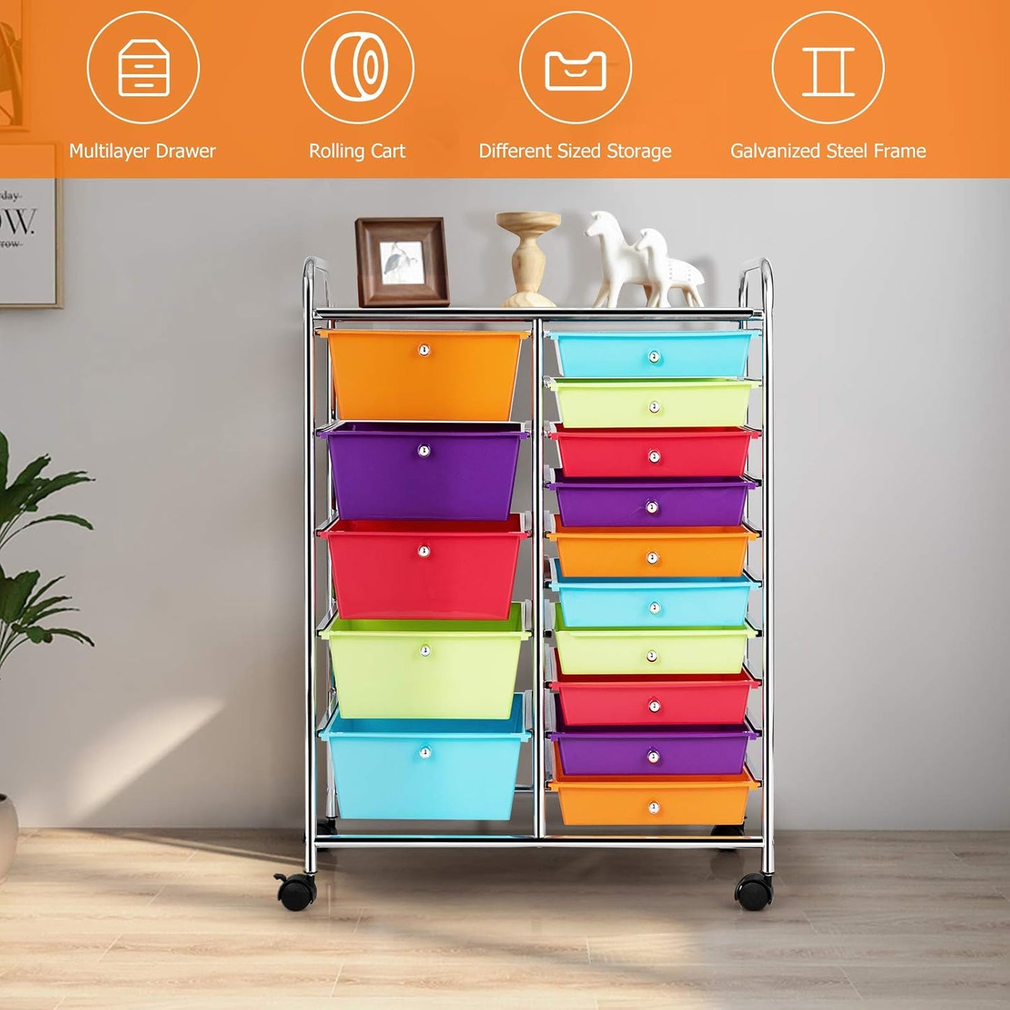 15-Drawer Rolling Storage Cart, Craft Storage Cart with Removable Drawers & Lockable Wheels, Art Cart Supply Storage Organizer for Home Office Classroom, Yellow