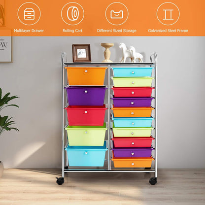 15-Drawer Rolling Storage Cart, Craft Storage Cart with Removable Drawers & Lockable Wheels, Art Cart Supply Storage Organizer for Home Office Classroom, Yellow