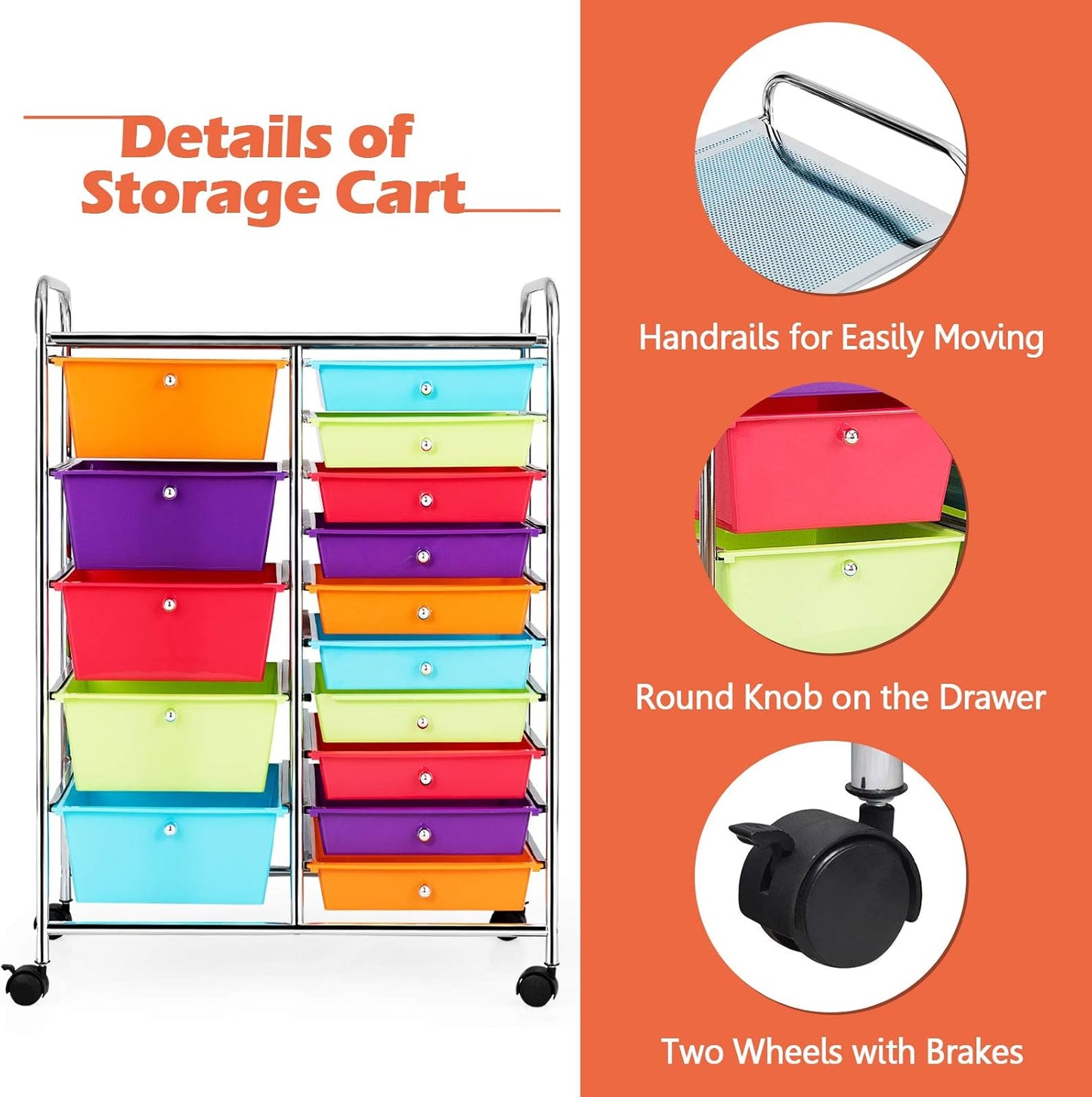 15-Drawer Rolling Storage Cart, Craft Storage Cart with Removable Drawers & Lockable Wheels, Art Cart Supply Storage Organizer for Home Office Classroom, Yellow