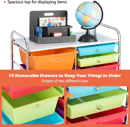 15-Drawer Rolling Storage Cart, Craft Storage Cart with Removable Drawers & Lockable Wheels, Art Cart Supply Storage Organizer for Home Office Classroom, Yellow